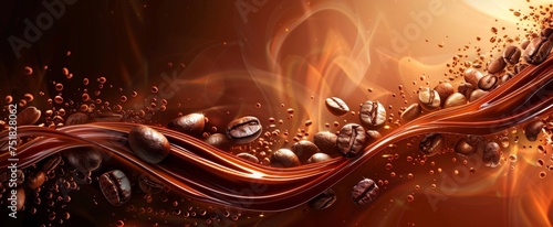 Dynamic coffee swirls with beans splashing into liquid chocolate, capturing the essence of flavor.