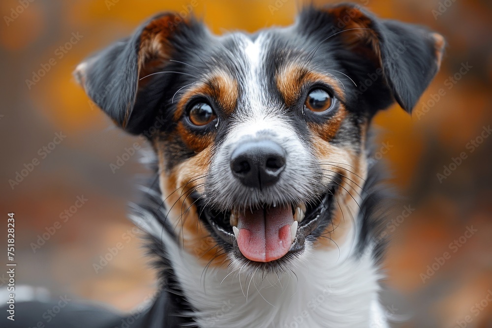 An adorable, happy-looking dog with a big smile and tongue out, against a blurred autumn background An adorable, happy-looking dog with a big smile and tongue out, against a blurred autumn background