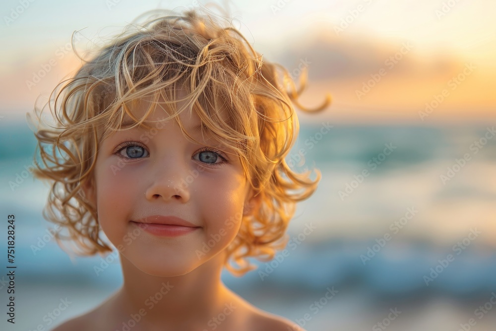 Adorable child with curly hair looks playfully at the camera against a backdrop of the ocean and sunset Adorable child with curly hair looks playfully at the camera against a backdrop of the ocean and sunset