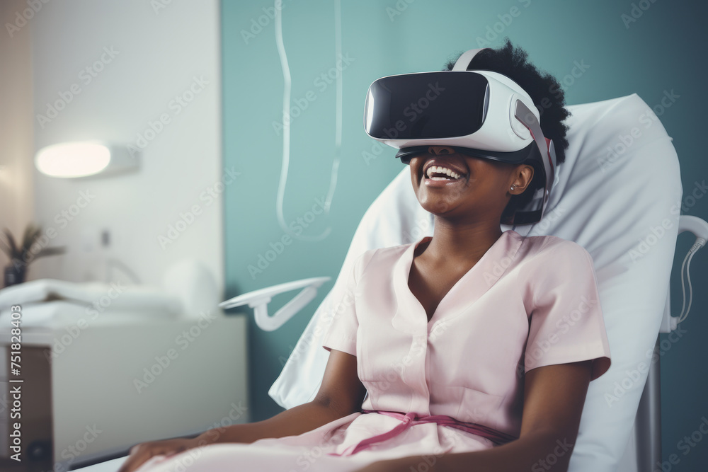 Fototapeta premium A patient in a hospital bed wearing a Virtual Reality headset