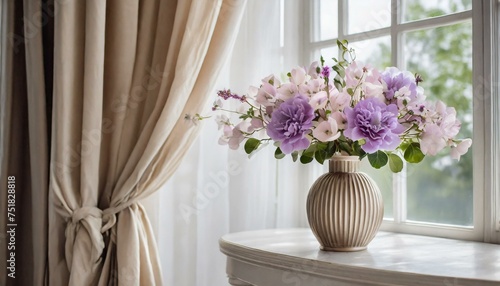 Tender purple bouquet in glass vase on the table in living room near window