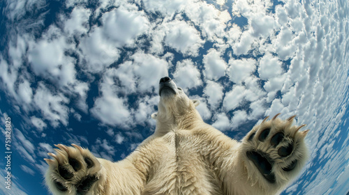 Bottom view of a polar bear against the sky. An unusual look at animals. 