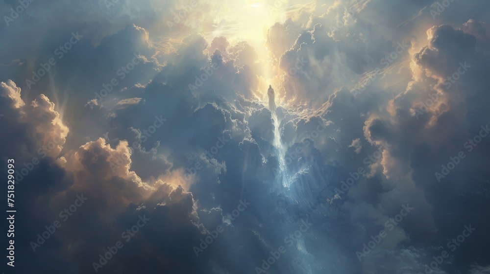Majestic rays piercing through dramatic clouds - obrazy, fototapety, plakaty 
