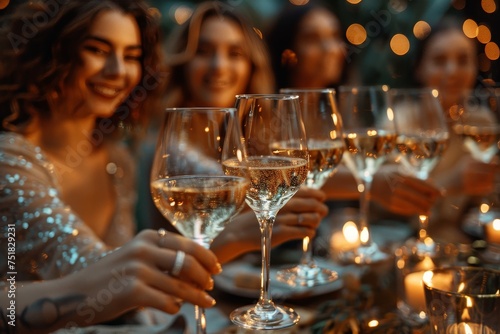 Selective focus on sparkling wine glasses being toasted by a group of happy friends