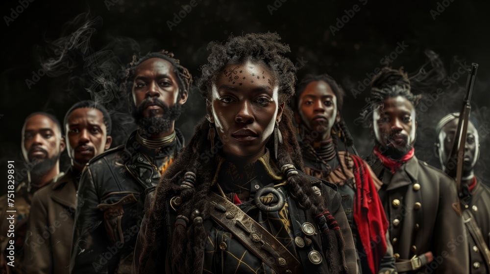 Portrait of a group of african american steampunk soldiers. Black History Month concept. Portrait of a group of african american steampunk soldiers. Black History Month concept.