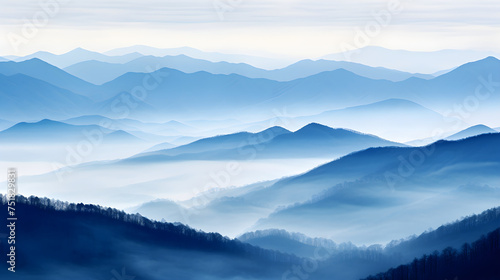 Blue Monochromatic Wonder: Spectacular Cascade of Foggy Mountains under Overcast sky © Luke
