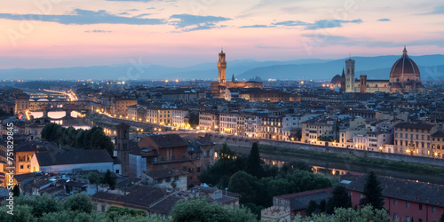 Florence Italy and the Arno River at dusk.