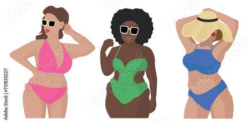 Set of beautiful girls with curvy, plus-size figures in cartoon style. Vector illustration of tanned light and dark-skinned girls in swimsuits and hats, sunglasses isolated on white background.