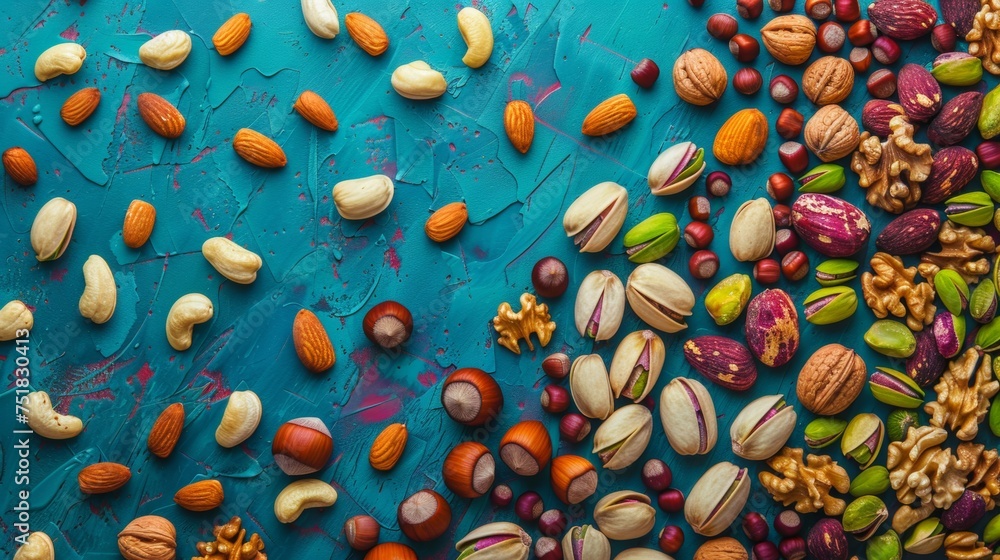 Assorted nuts on vibrant blue background Assorted nuts on vibrant blue background