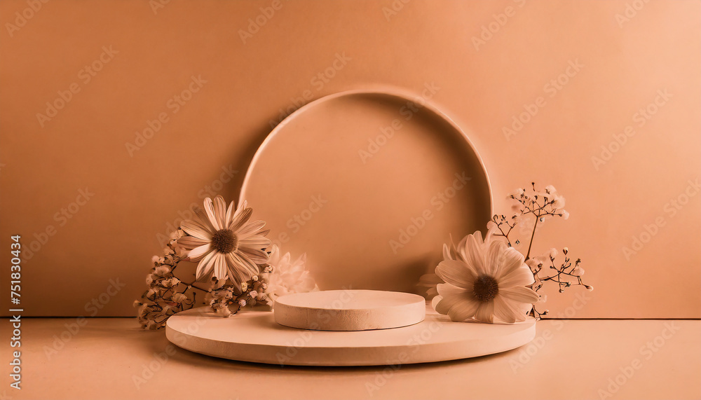Round podium with flowers for beauty product placement, advertising. Natural materials. Copy space Round podium with flowers for beauty product placement, advertising. Natural materials. Copy space