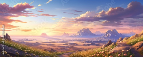 Pathway forward into a beautiful serene landscape. Horizon views over the rivers, mountains, deserts, and fields