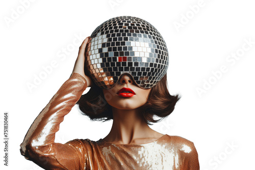 Surreal Portrait of Stylish Woman with Disco Ball Head Covering Her Eyes Against Transparent  Background, Creating a Captivating and Unique Image That Reflects Creativity and Fashion Forward Style.