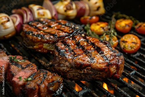 Assorted delicious grilled meat with vegetables over the coals on a barbecue