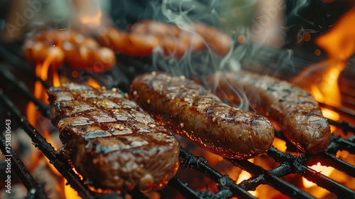 a man roasts steaks and sausages on the grill for the whole family