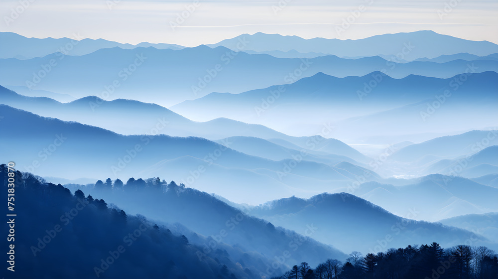 Blue Monochromatic Wonder: Spectacular Cascade of Foggy Mountains under Overcast sky