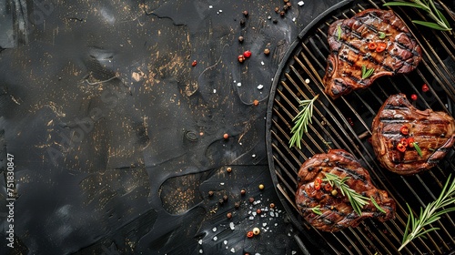 grilling steaks on flaming grill and shot with selective focus. Dark background photo