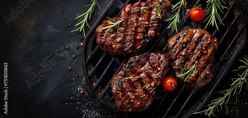 Wallpaper Mural grilling steaks on flaming grill and shot with selective focus. Dark background Torontodigital.ca