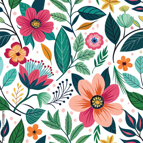 Floral seamless pattern with cute wild  flowers and leaves isolated on a white background