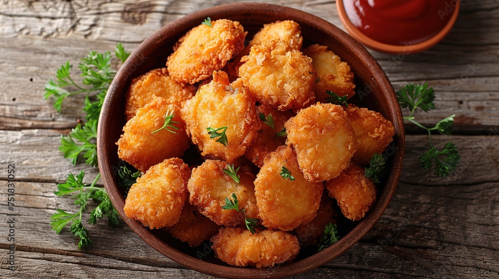 Delicious crispy fried breaded nuggets with ketchup on black plate. Dark background Delicious crispy fried breaded nuggets with ketchup on black plate. Dark background