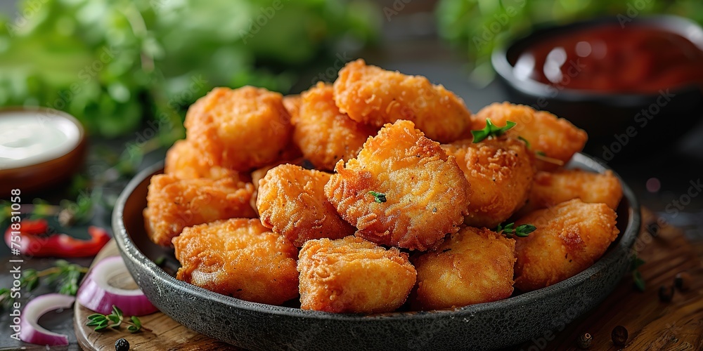 Delicious crispy fried breaded nuggets with ketchup on black plate. Dark background Delicious crispy fried breaded nuggets with ketchup on black plate. Dark background