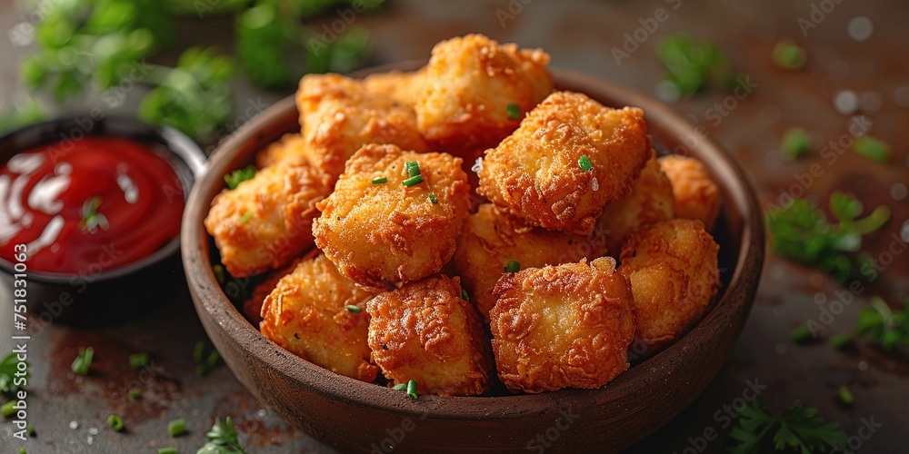 Delicious crispy fried breaded nuggets with ketchup on black plate. Dark background Delicious crispy fried breaded nuggets with ketchup on black plate. Dark background