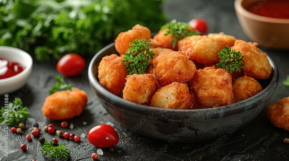 Delicious crispy fried breaded nuggets with ketchup on black plate. Dark background Delicious crispy fried breaded nuggets with ketchup on black plate. Dark background