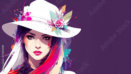An illustration portrait of a woman, nice makeup, wearing a fashionable hat