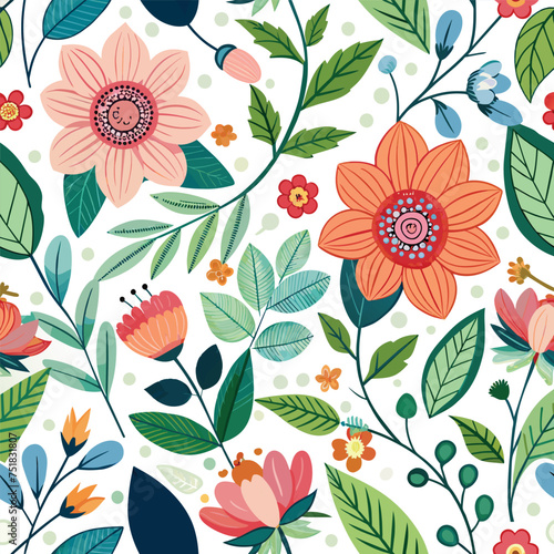 Wallpaper Mural Floral seamless pattern with cute wild  flowers and leaves isolated on a white background Torontodigital.ca