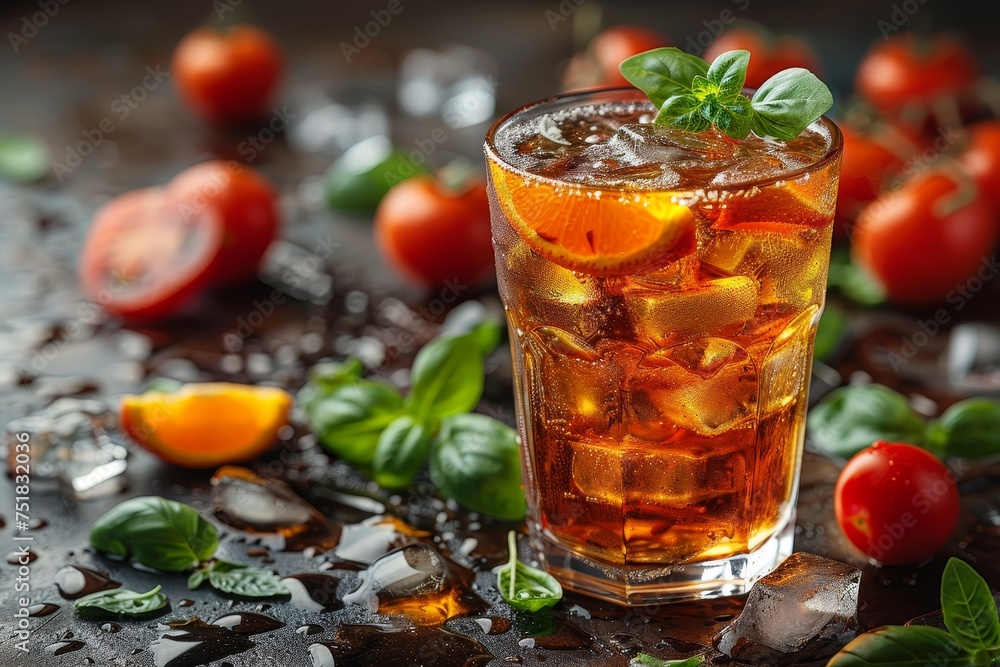 High-quality image of iced tea with lemon, ice cubes, and fresh basil leaves High-quality image of iced tea with lemon, ice cubes, and fresh basil leaves