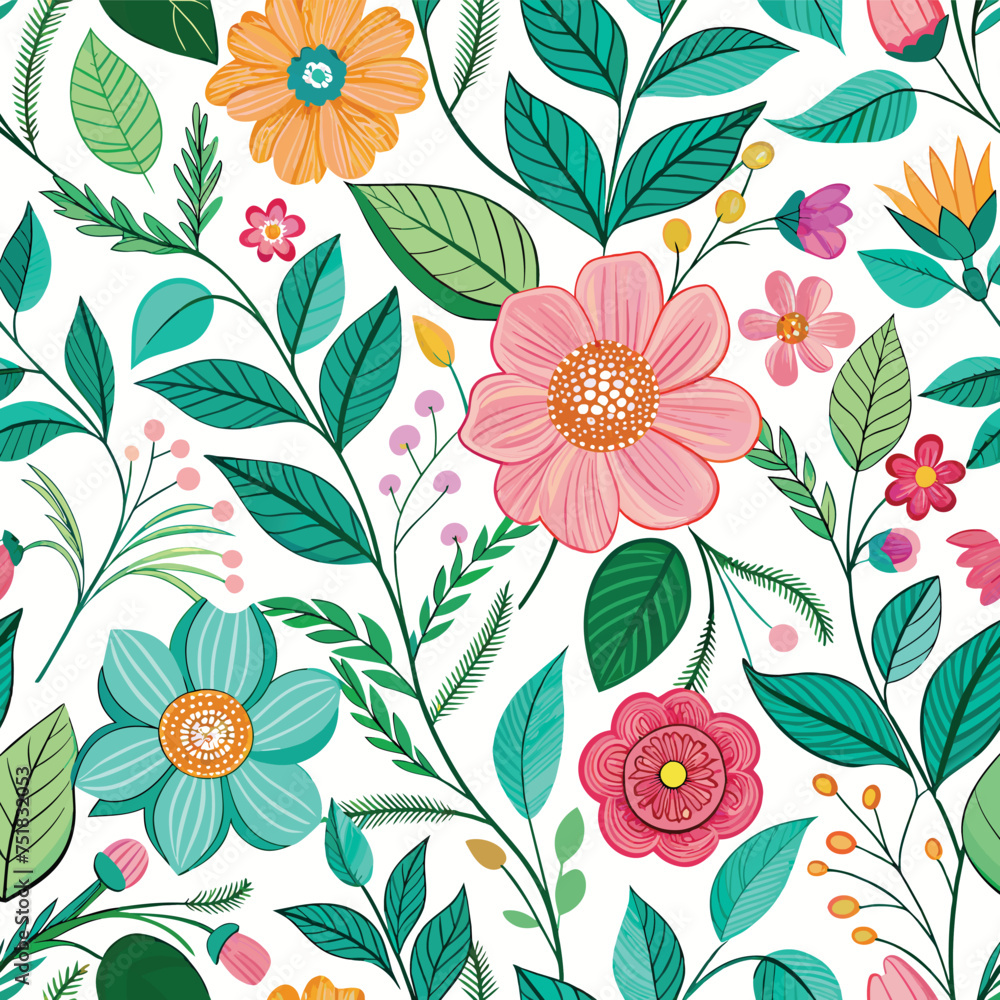 Floral seamless pattern with cute wild flowers and leaves isolated on a white background Floral seamless pattern with cute wild flowers and leaves isolated on a white background