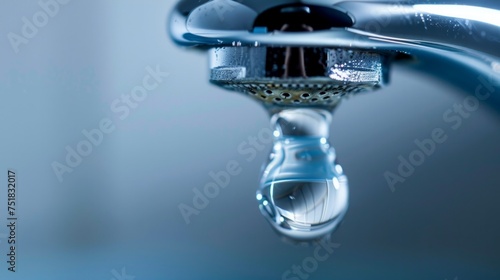 A close-up image capturing a drop of water leaking from a faucet photo