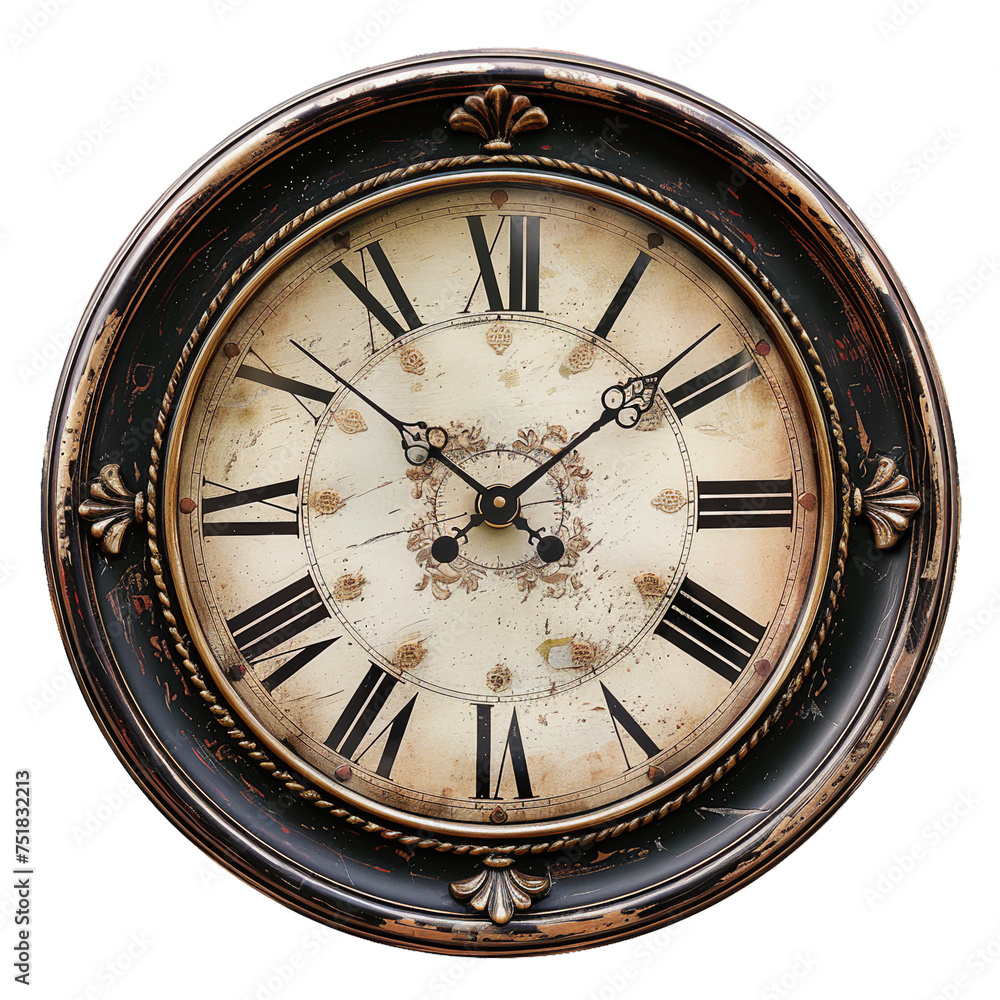 Fototapeta premium Vintage Wall Clock, transparent background, isolated image, generative AI