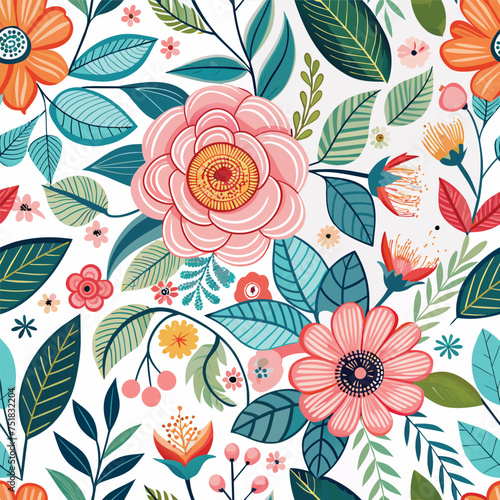 Floral seamless pattern with cute wild  flowers and leaves isolated on a white background