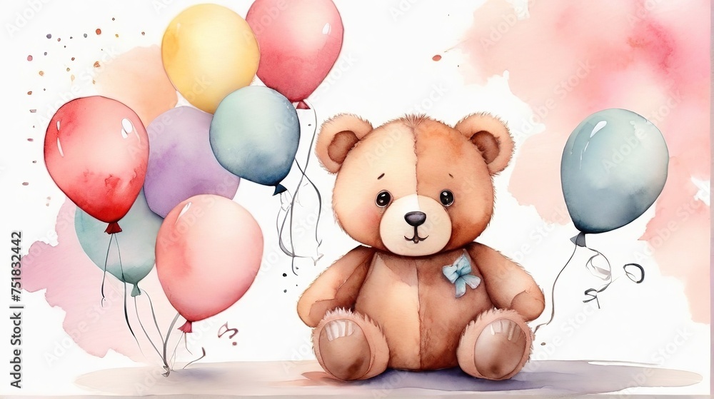 balloons and teddy bear on pink and blue background, birthday and holiday concept, greeting card for child, watercolor birthday card balloons and teddy bear on pink and blue background, birthday and holiday concept, greeting card for child, watercolor birthday card