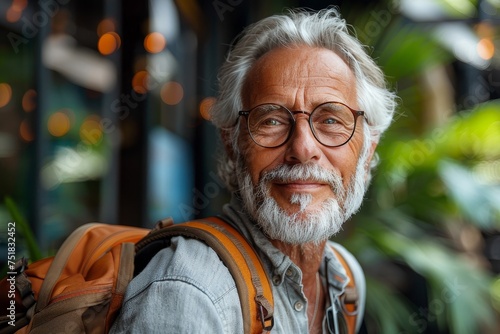 A well-dressed senior man with a backpack smiles warmly, perhaps while traveling photo