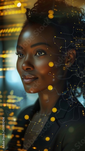 Black young woman close-up. IT specialist  artificial intelligence collage. Working in a data center. Generative AI.