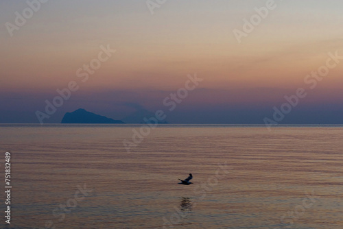 Alba al mare con gabbiano in volo e isole Eolie sullo sfondo. Potrebbe essere un tramonto? photo