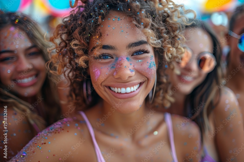 Fototapeta premium A radiant woman with vibrant glitter makeup laughs amidst a festive atmosphere