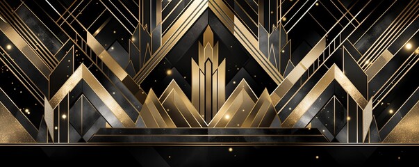 Abstract art deco. Great Gatsby 1920s geometric architecture background. Retro vintage black, gold, and silver roaring 20s texture
