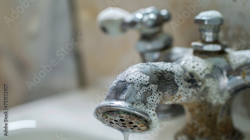 A close-up shot of a dirty faucet aerator covered in limescale, depicting a calcified shower water tap with lime scale in a bathroom. The image features selective focus and a shallow depth of field photo