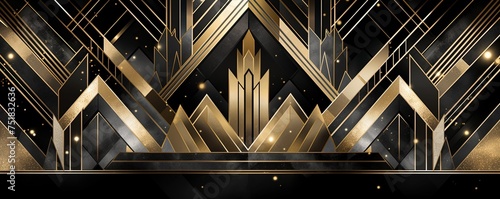 Abstract art deco. Great Gatsby 1920s geometric architecture background. Retro vintage black, gold, and silver roaring 20s texture