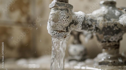 A close-up shot of a dirty faucet aerator covered in limescale, depicting a calcified shower water tap with lime scale in a bathroom. The image features selective focus and a shallow depth of field photo