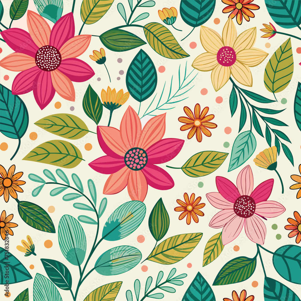 Floral seamless pattern with cute wild flowers and leaves isolated on a white background Floral seamless pattern with cute wild flowers and leaves isolated on a white background