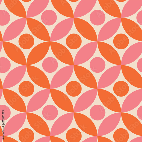 Mid century dots on pink and orange circles seamless pattern. For wallpaper, home décor and textile.