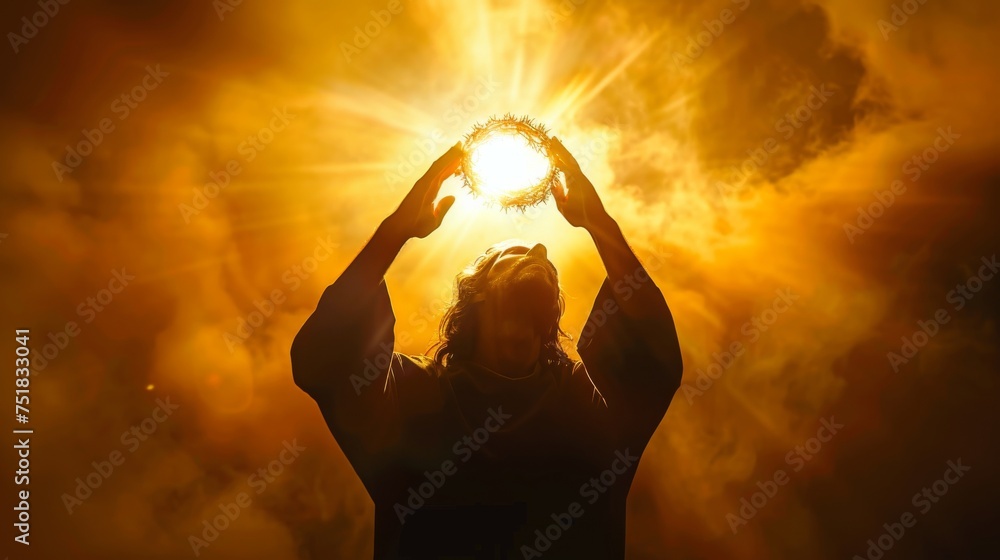 Jesus Christ silhouette receiving a crown of light in an ethereal realm. - obrazy, fototapety, plakaty 