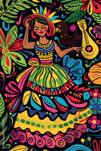 Festive Colombian Folk Dance Illustration in Lush Tropical Setting