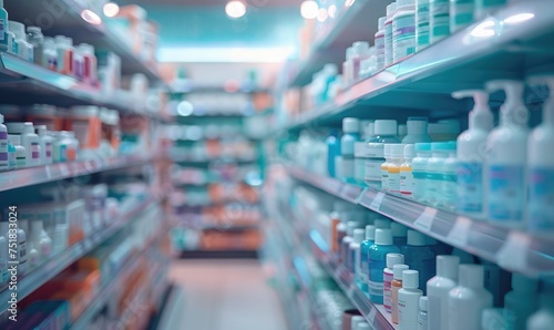 A pharmacy store abstract blurred background with medicine standing on the shelves