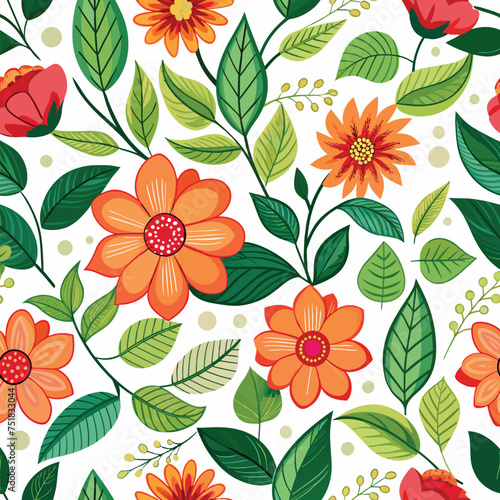 Floral seamless pattern with cute wild flowers and leaves isolated on a white background