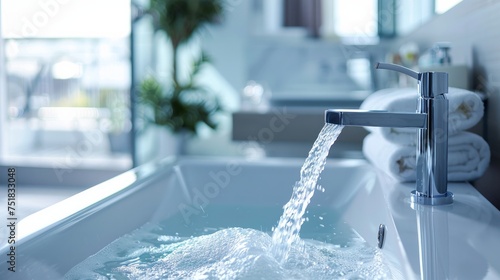 A depiction of a water tap or faucet, with water flowing in a bathroom sink within a modern, clean house. The image emphasizes the concept of hygiene, creating a panoramic scene