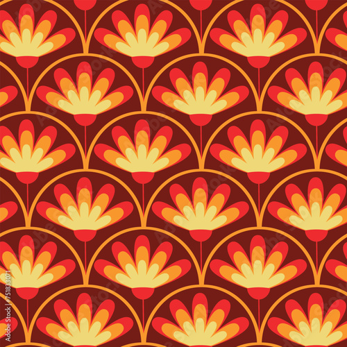 Retro Vintage abstract flowers on geometric brown scales seamless pattern in orange, red and yellow. For fabric, wallpaper and textile.